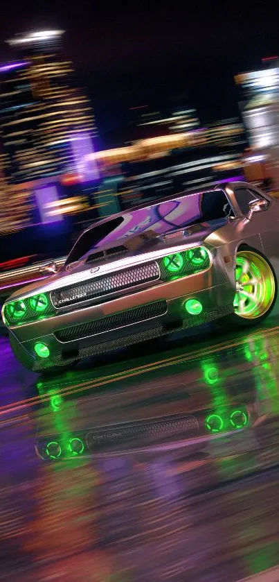 Neon racing car drifting in a vibrant cityscape at night.