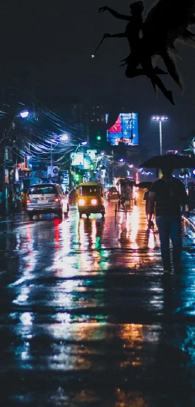 Night urban scene with vibrant rain reflections and silhouette.