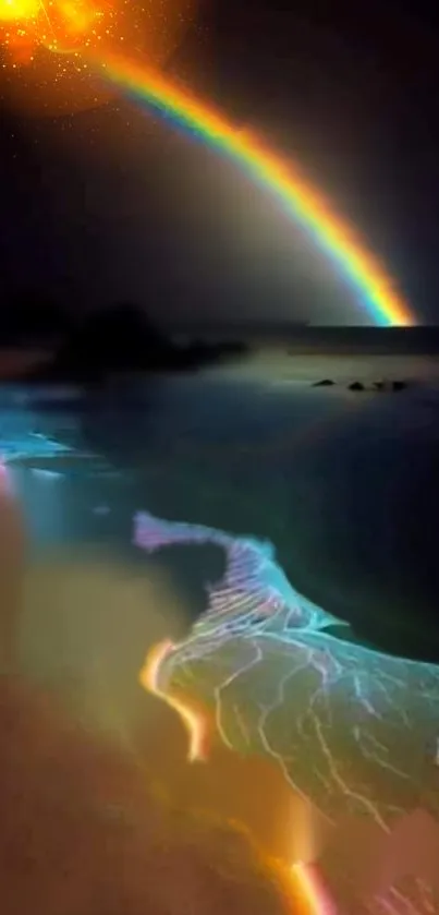 Vibrant rainbow over a glowing ocean shore at night.