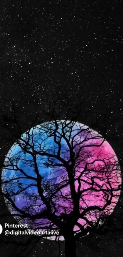 Silhouetted tree against colorful starry night sky wallpaper.