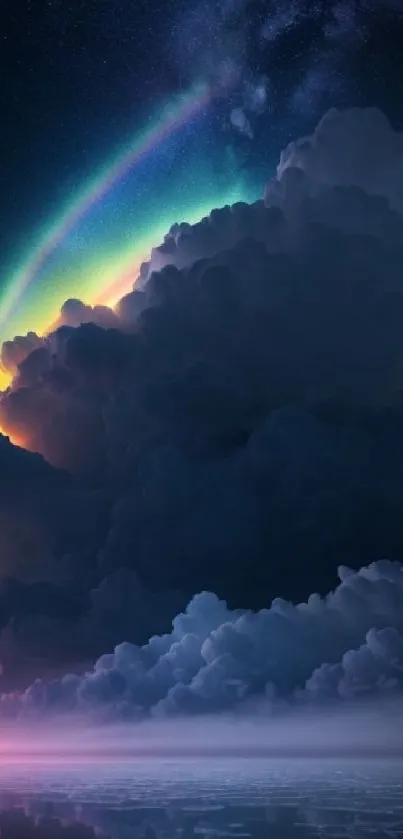 Dark clouds and vibrant aurora display in night sky.