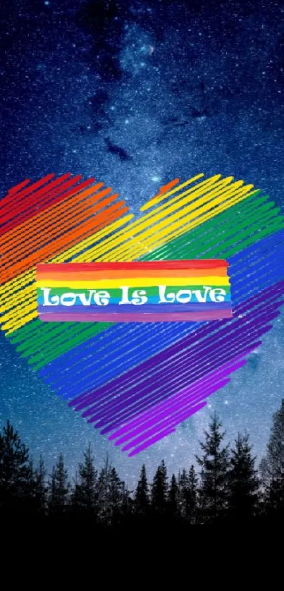 Rainbow heart with 'Love is Love' text on a starry night sky background.