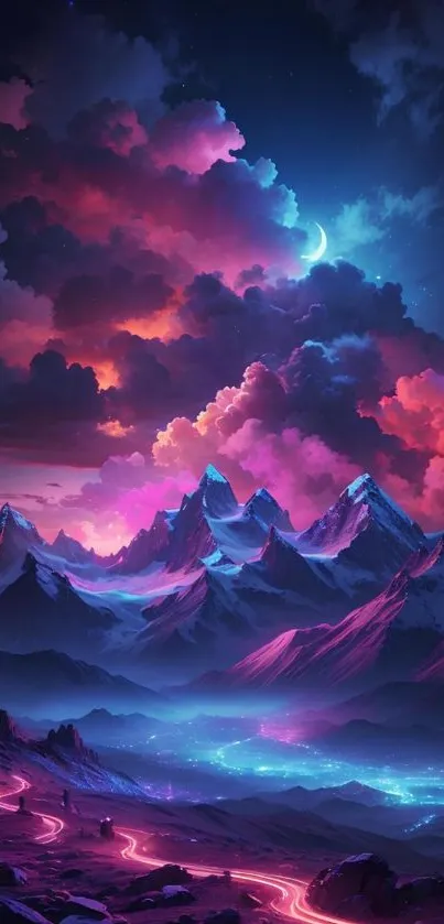 Vibrant night sky over colorful mountain range with glowing clouds.