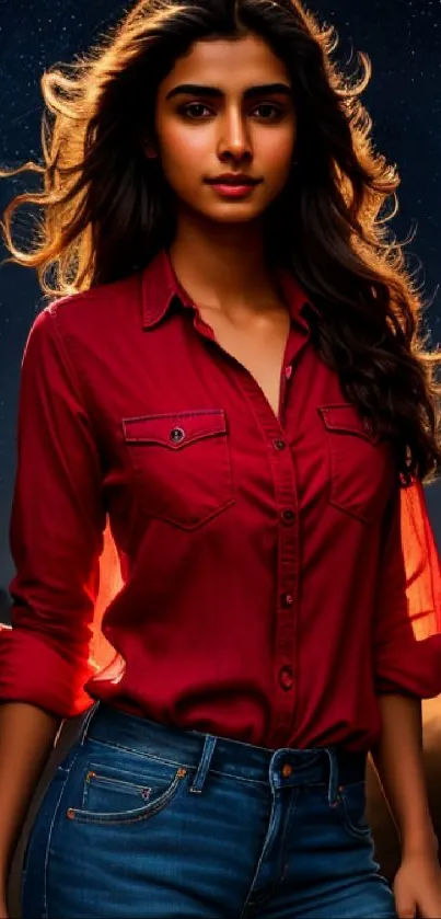 A woman in a red shirt against a starry night sky.