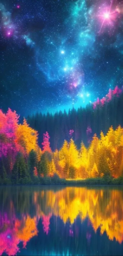 Vibrant night sky with colorful trees reflecting in a tranquil lake.