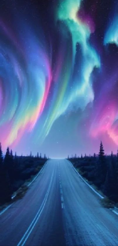 Vibrant aurora over a quiet road at night, creating a magical, colorful display.