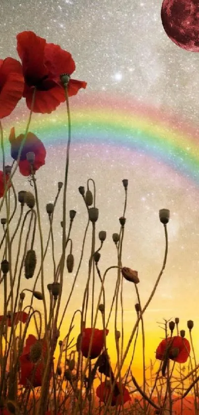 Red poppies with a rainbow and moon in the night sky wallpaper.