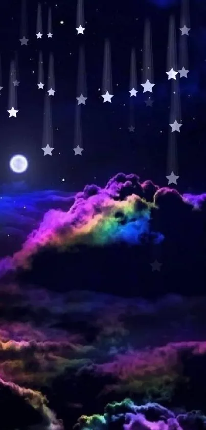 A vibrant night sky with colorful clouds and a glowing moon, perfect for mobile wallpaper.