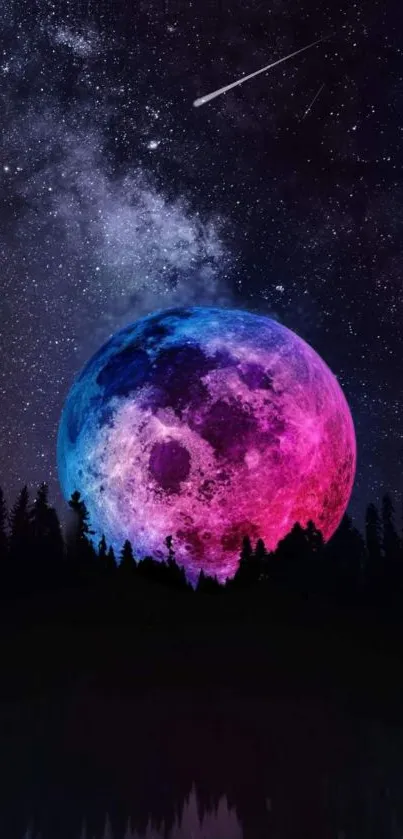 Colorful moon in a starry night sky with silhouetted trees.