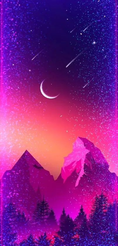 Vibrant mountain landscape with crescent moon and stars in gradient sky.