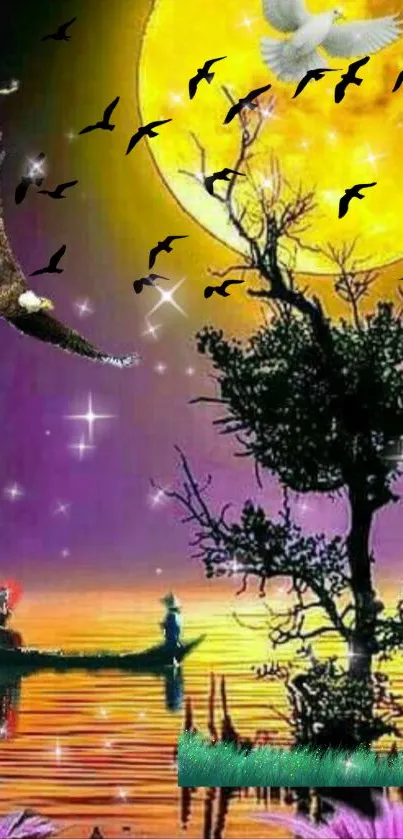 Vibrant night sky wallpaper with moon and tree silhouette.