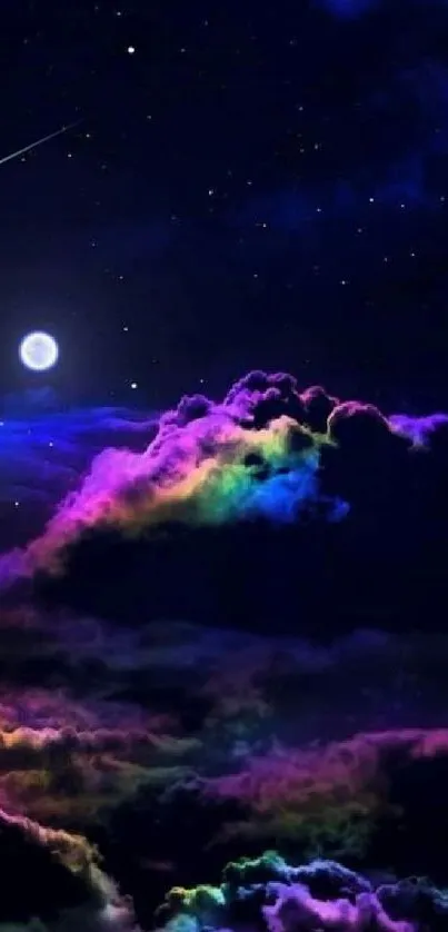 Colorful night sky with moon and vibrant clouds.