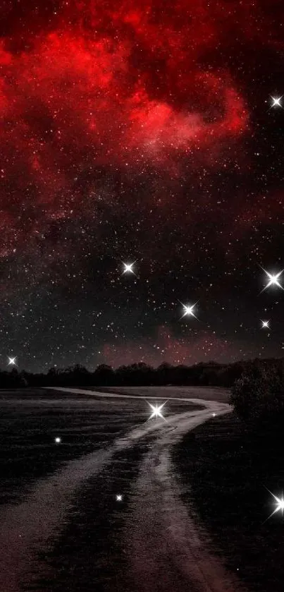 Red night sky with stars and a winding dark path.