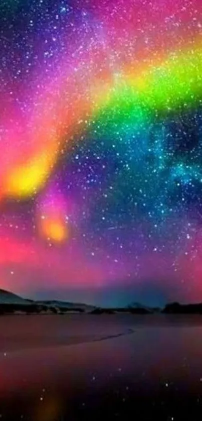 Vibrant aurora lights in starry night sky.