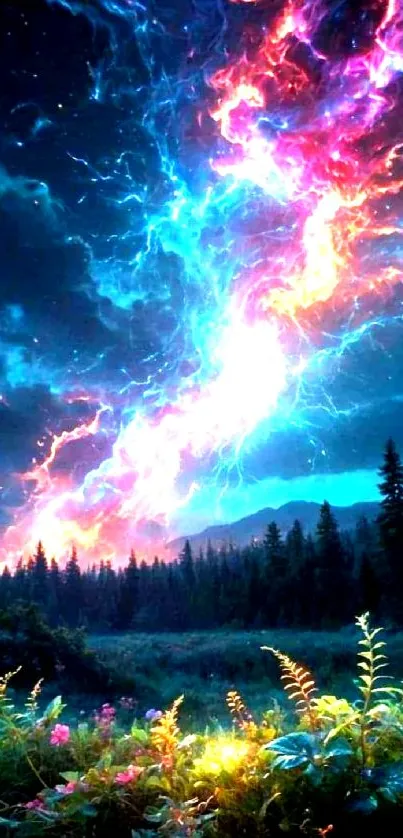 Vibrant night sky with colorful lightning and lush forest.