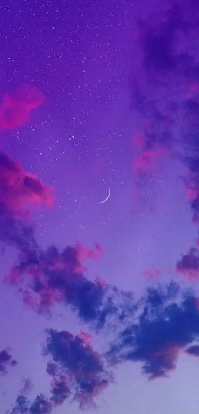 Purple night sky with crescent moon and colorful clouds wallpaper.