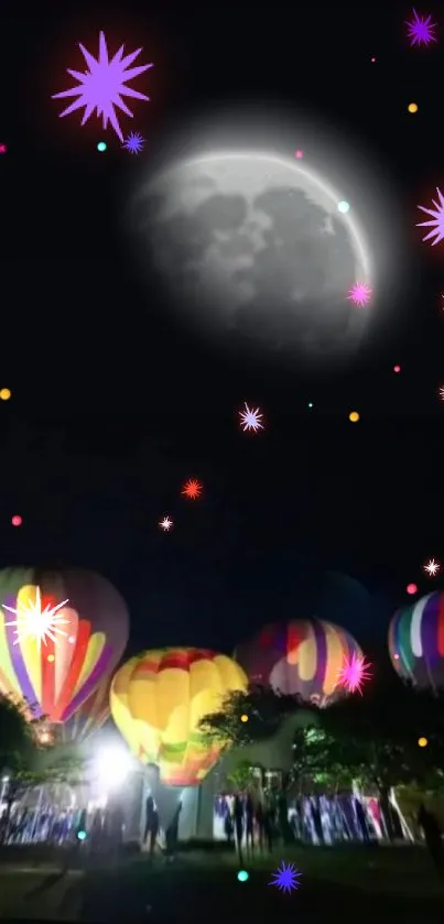 Colorful hot air balloons under a vibrant night sky with moon.