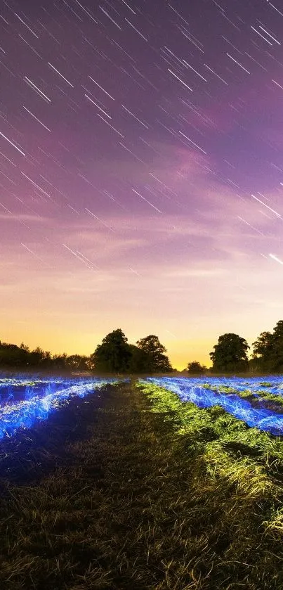 Vibrant purple night sky with glowing fields under star trails.