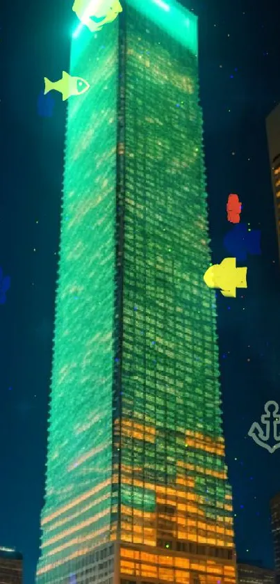 Vibrant teal skyscraper with colorful aquatic icons at night.