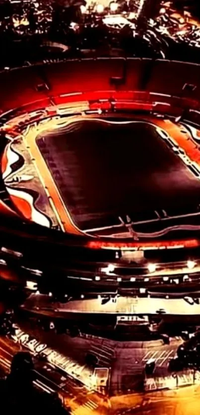 Aerial view of a stadium illuminated at night with vibrant red-orange light.