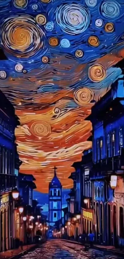 Abstract city street with swirling sky art.