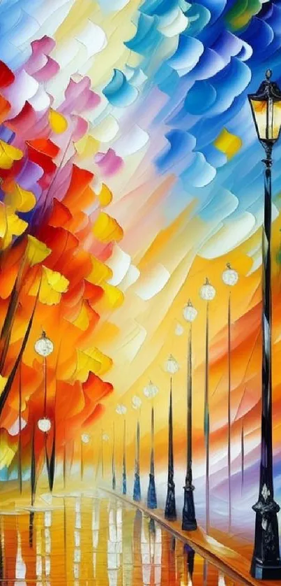 Colorful abstract painting of a night street with vibrant lamps and trees.