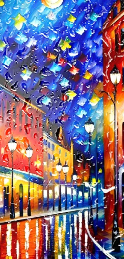 Vibrant abstract night cityscape with illuminated streetlights.