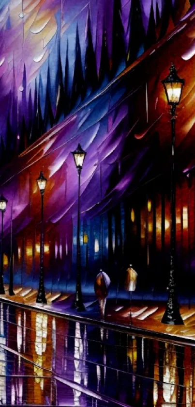 Vibrant artwork of a rainy city street at night with colorful reflections.