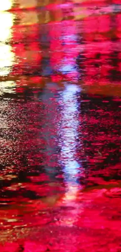 Red and yellow neon reflections on wet pavement at night.