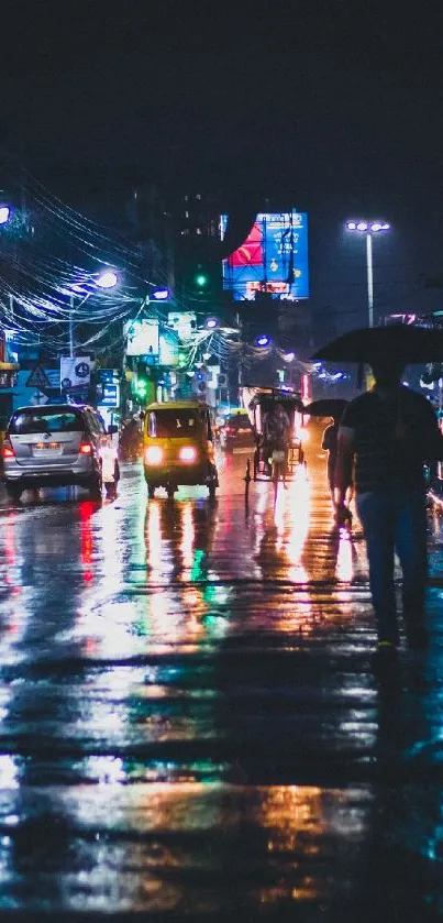 Vibrant night street scene with colorful reflections.