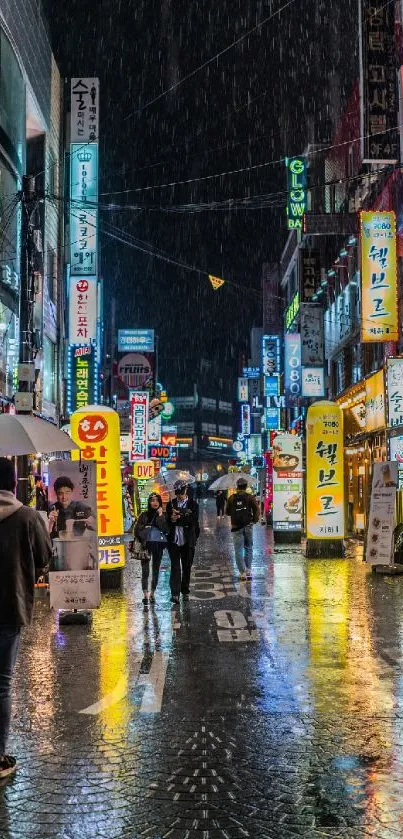Vibrant urban street at night with neon signs and rain-soaked pavement.