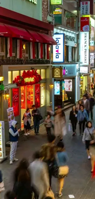 Vibrant city street with neon lights and walking crowd.