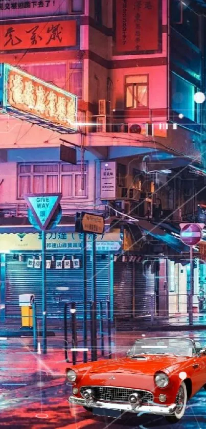 Vibrant neon-lit street with a vintage red car at night in the city.