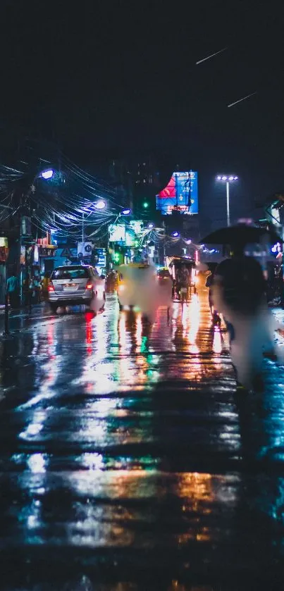 Vibrant night street with colorful lights reflecting on wet pavement.