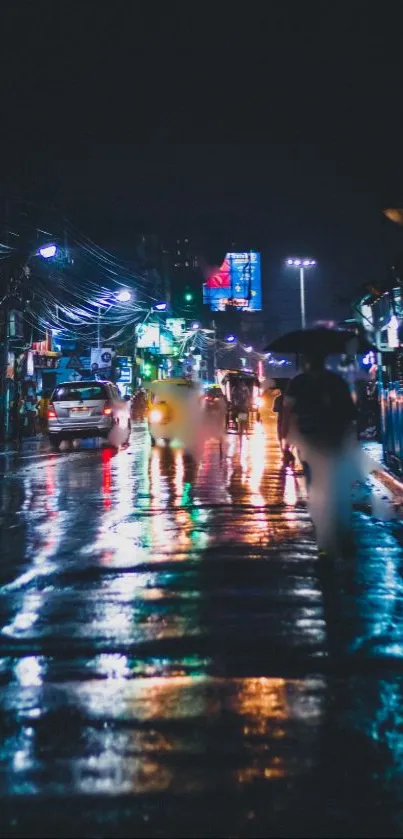 Vibrant city street at night with reflections on wet pavement.