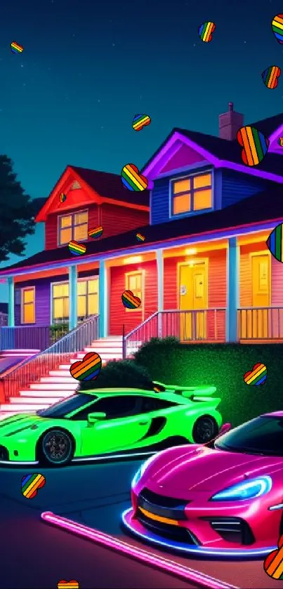 Neon-colored cars in front of vibrant houses at night under a dark blue sky.