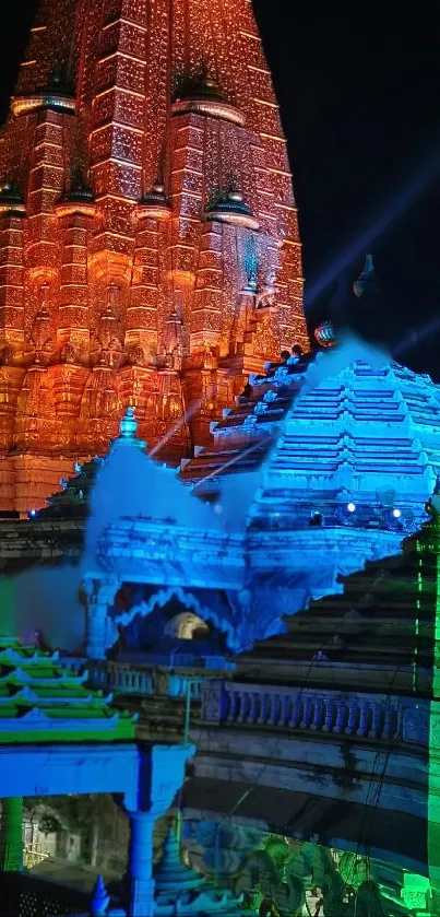 Colorful illuminated temple at night, vibrant and dynamic.