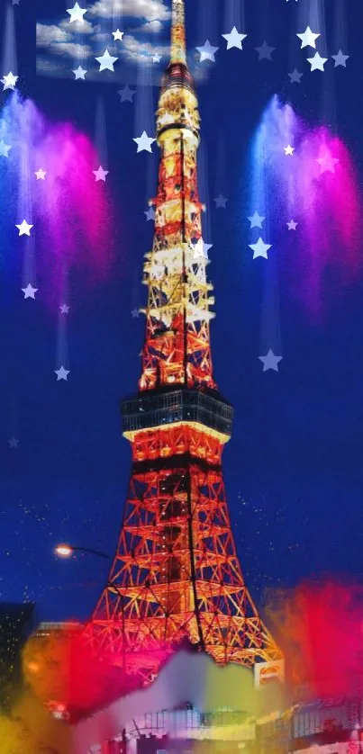 Vibrant night tower with colorful lights and starry sky wallpaper.