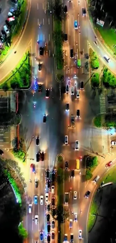 Aerial view of vibrant night traffic with illuminated streets.