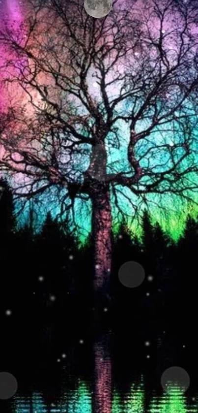 Tree silhouette with colorful night sky and stars wallpaper.