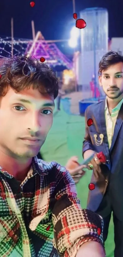 Two individuals taking a vibrant nightlife selfie with colorful lights.