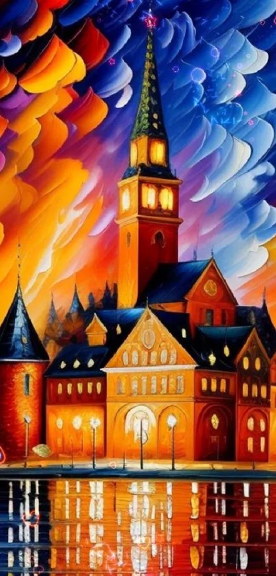 Vibrant artistic depiction of a historic building under a colorful sky.