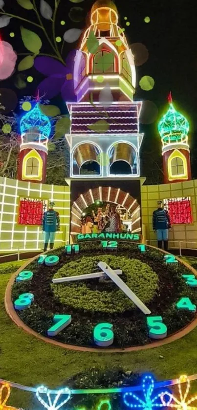 Vibrant clock tower with colorful night lights.