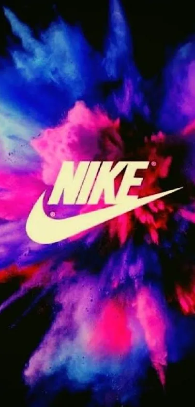 Vibrant Nike logo with pink and blue burst design on a dark background.