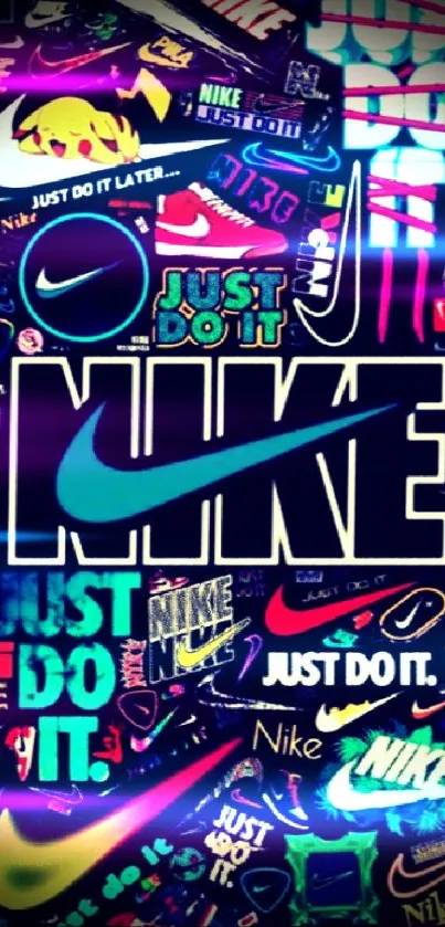 Colorful Nike logos and slogans collage wallpaper.