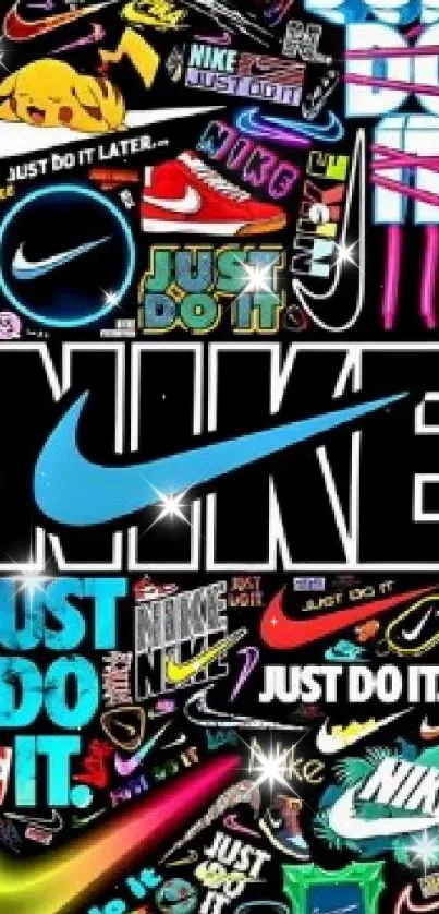 Colorful collage of Nike logos with vibrant background.