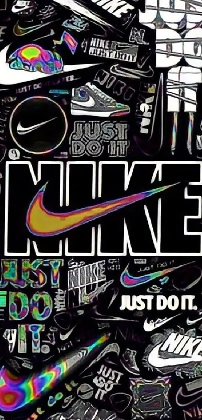 Vibrant Nike logo collage wallpaper with colorful accents on a dark background.