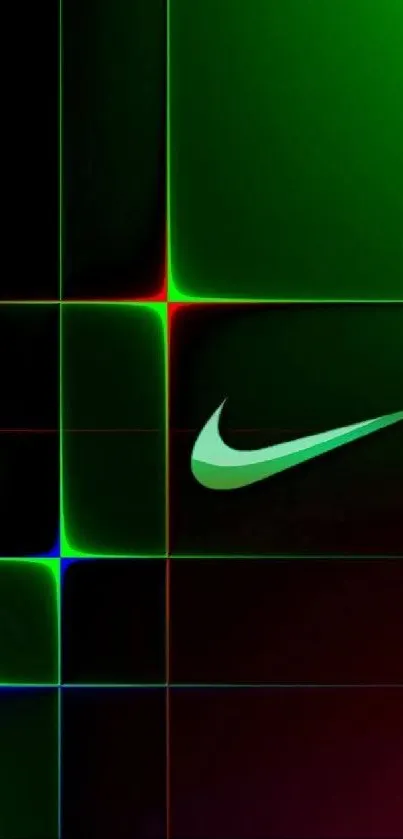 Vibrant mobile wallpaper featuring a neon Nike logo on a geometric grid.
