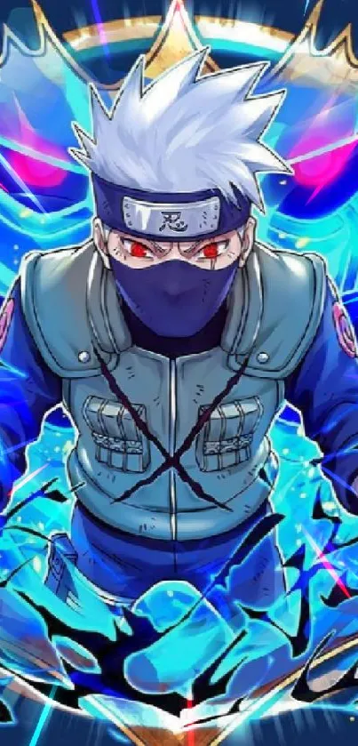 Anime ninja with electric blue energy background.