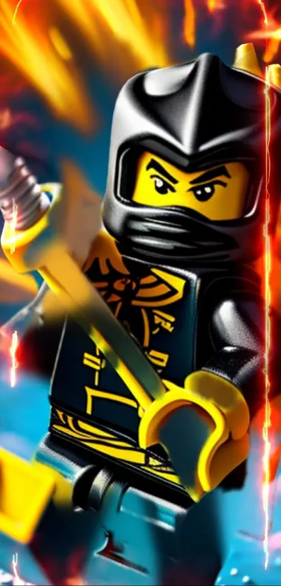 Lego ninja figure with fiery background and dynamic action.